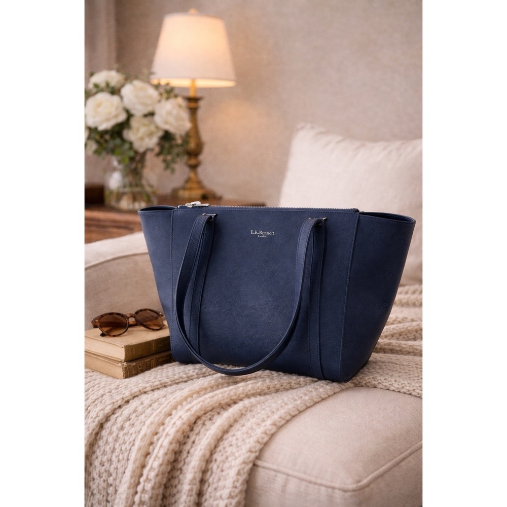 L.K. Bennett London Tote Navy Leather Zip Shoulder Bag Work Travel